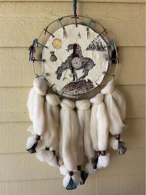 Dream Catcher Native American Mixed Media on Rabbit Fur Signed '94 Donavan
